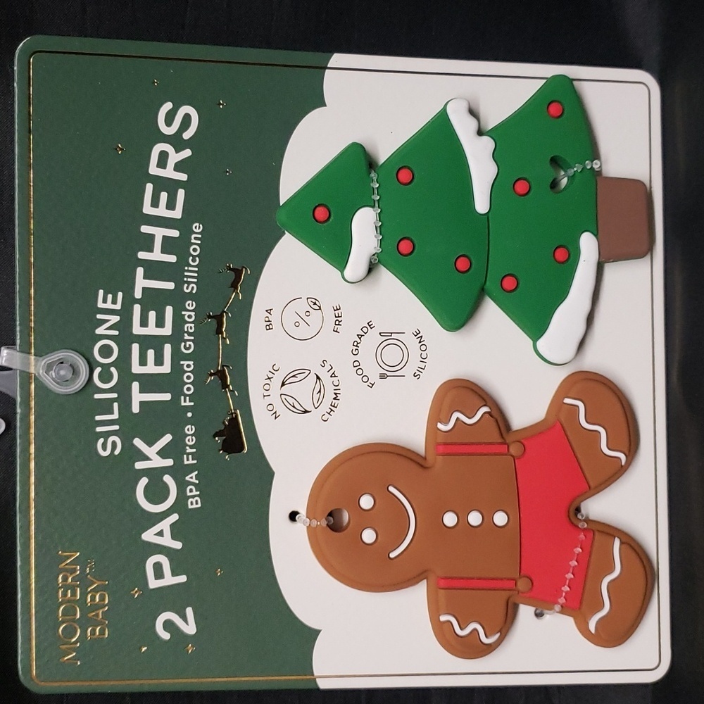 Modern Baby NWT Gingerbread Man and Christmas Tree Silicone Teether Set